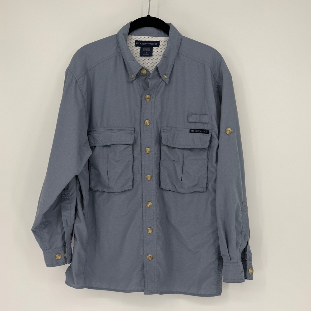ExOfficio Air Strip Fishing Shirt Mens Small Blue Gray Long Sleeve Ventilated S